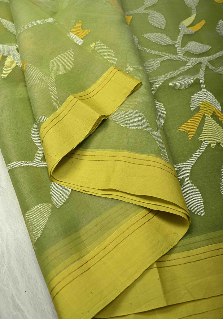 Pista Green Silk Muslin Saree with Resham Jamdani Weaving  | SILK MARK CERTIFIED