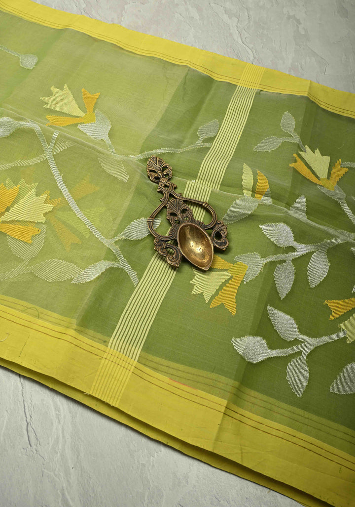 Pista Green Silk Muslin Saree with Resham Jamdani Weaving  | SILK MARK CERTIFIED