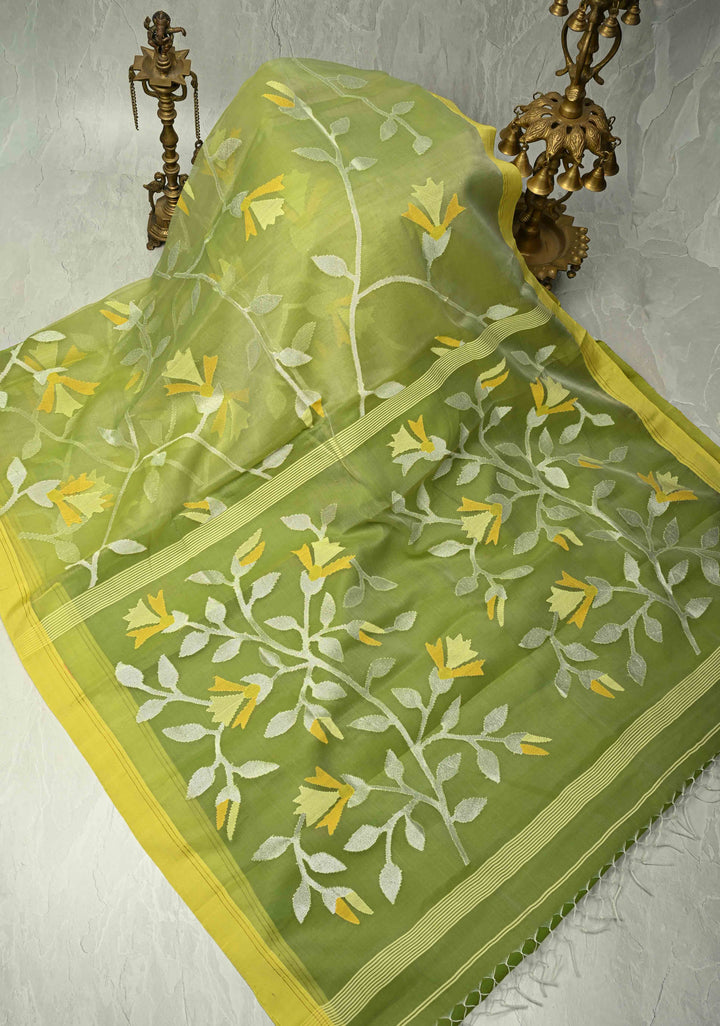 Pista Green Silk Muslin Saree with Resham Jamdani Weaving  | SILK MARK CERTIFIED