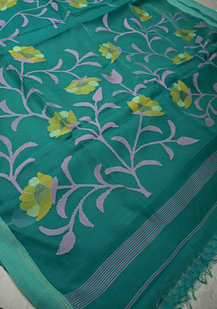 Rama Green Meenakari Design on Silk Muslin Saree with Resham Jamdani Weaving and Border-Pallu | SILK MARK CERTIFIED