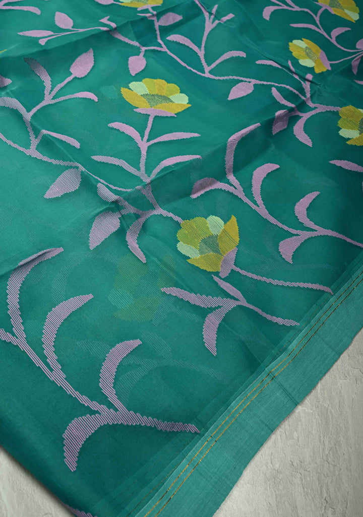 Rama Green Meenakari Design on Silk Muslin Saree with Resham Jamdani Weaving and Border-Pallu | SILK MARK CERTIFIED