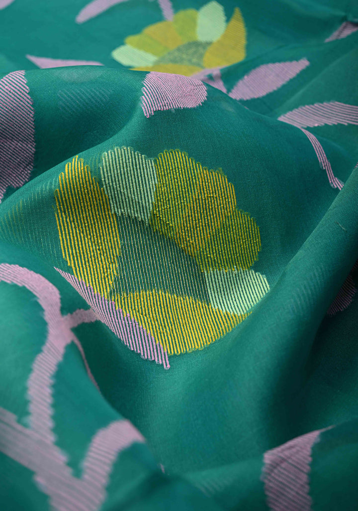 Rama Green Meenakari Design on Silk Muslin Saree with Resham Jamdani Weaving and Border-Pallu | SILK MARK CERTIFIED