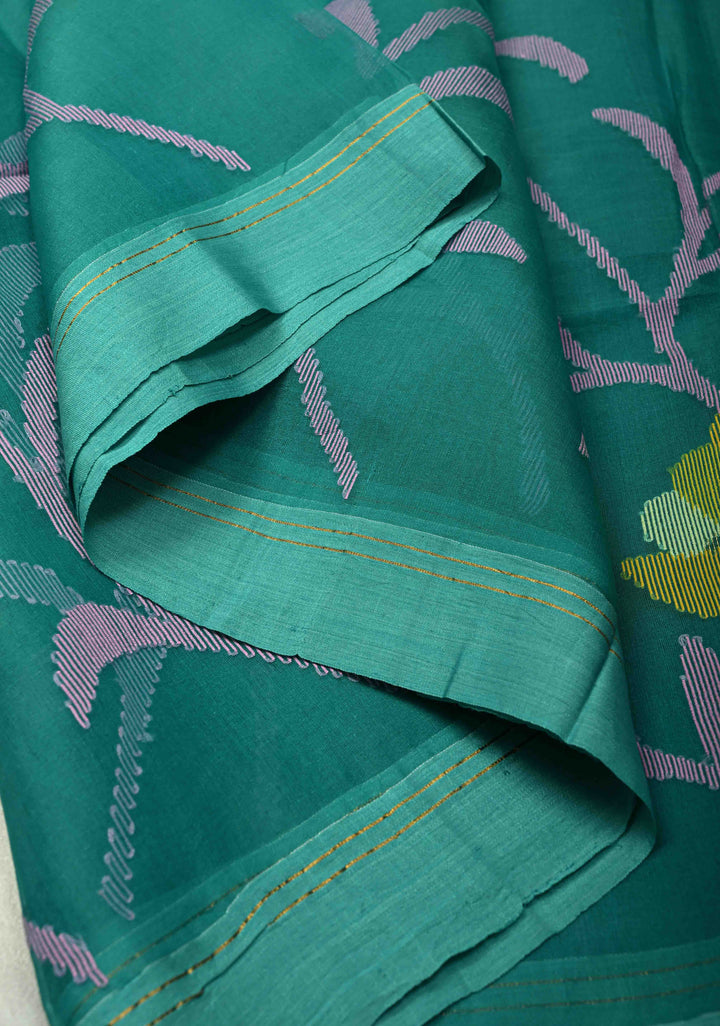 Rama Green Meenakari Design on Silk Muslin Saree with Resham Jamdani Weaving and Border-Pallu | SILK MARK CERTIFIED