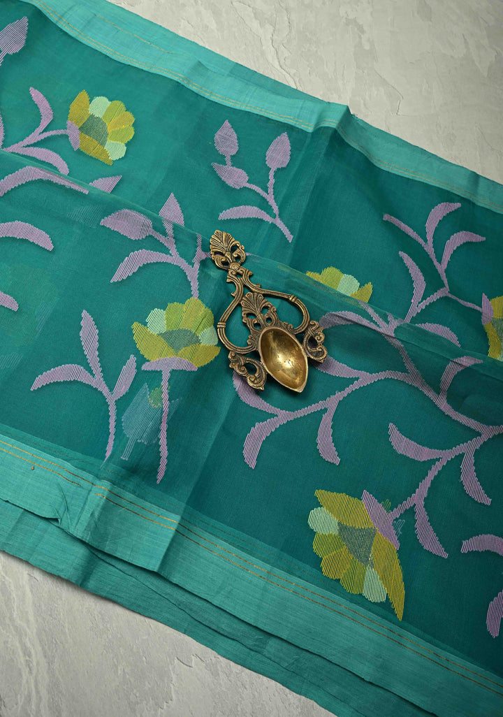 Rama Green Meenakari Design on Silk Muslin Saree with Resham Jamdani Weaving and Border-Pallu | SILK MARK CERTIFIED