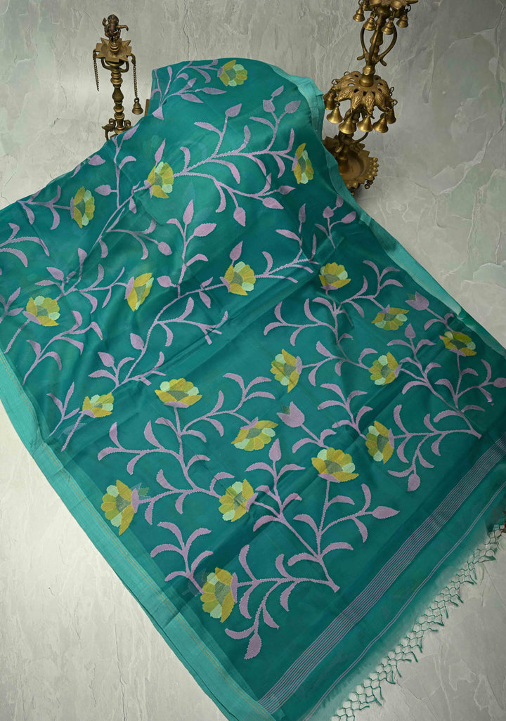 Rama Green Meenakari Design on Silk Muslin Saree with Resham Jamdani Weaving and Border-Pallu | SILK MARK CERTIFIED