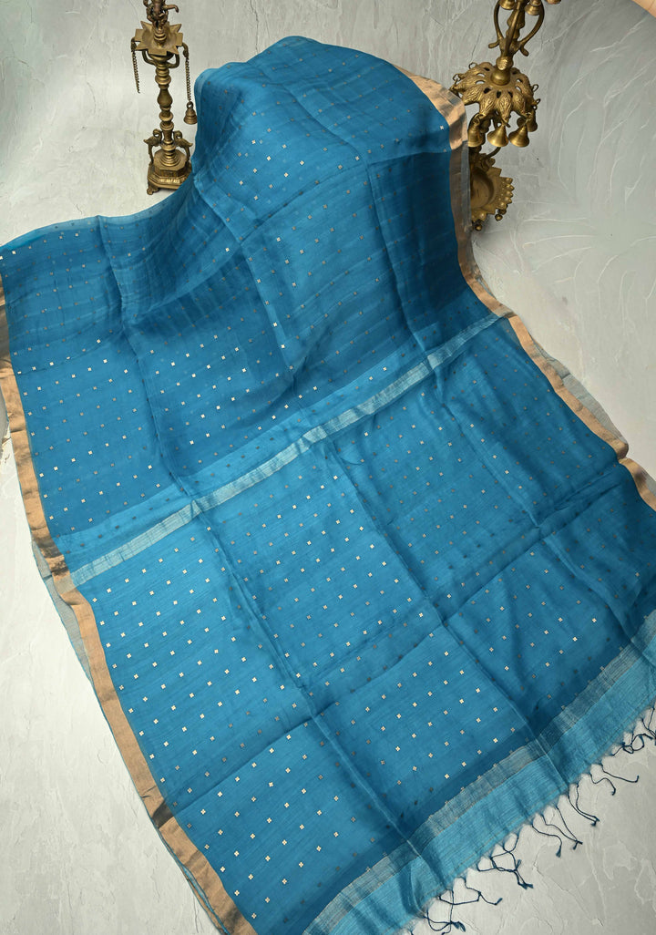 Dark Sky Matka Muslin Silk Saree with Pocket Sequins and Minimal Zari Border | SILK MARK CERTIFIED