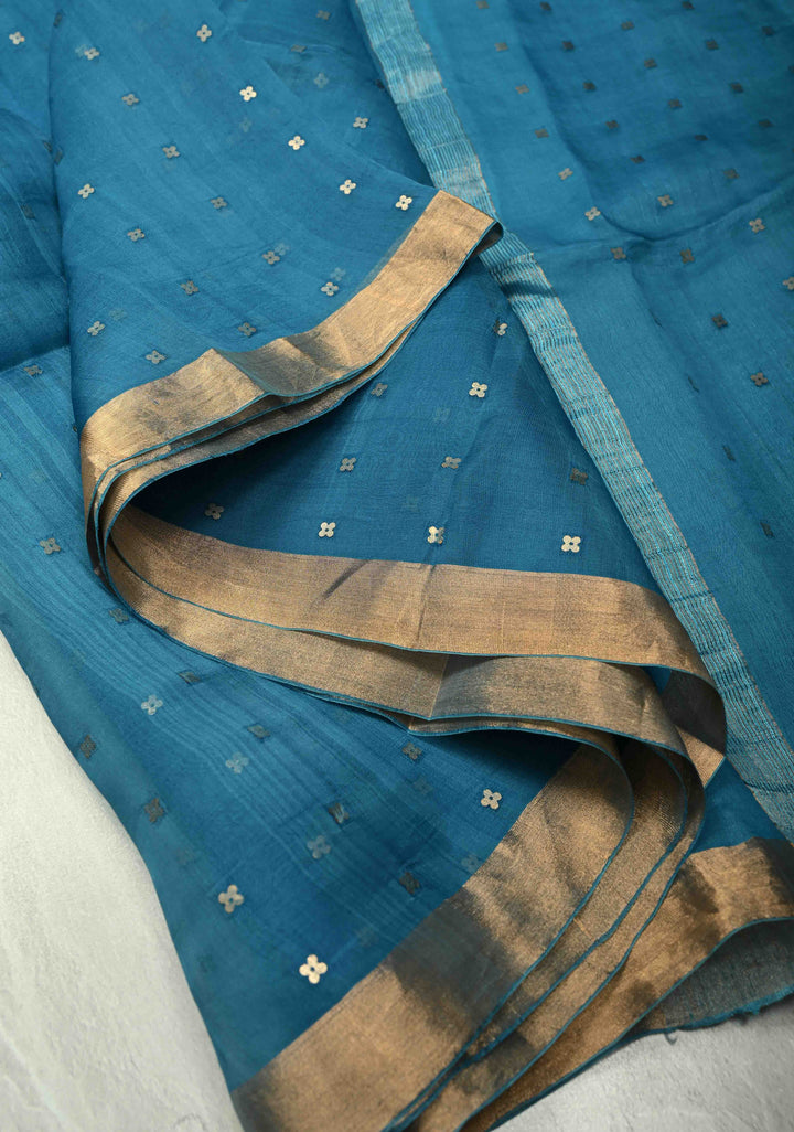 Dark Sky Matka Muslin Silk Saree with Pocket Sequins and Minimal Zari Border | SILK MARK CERTIFIED