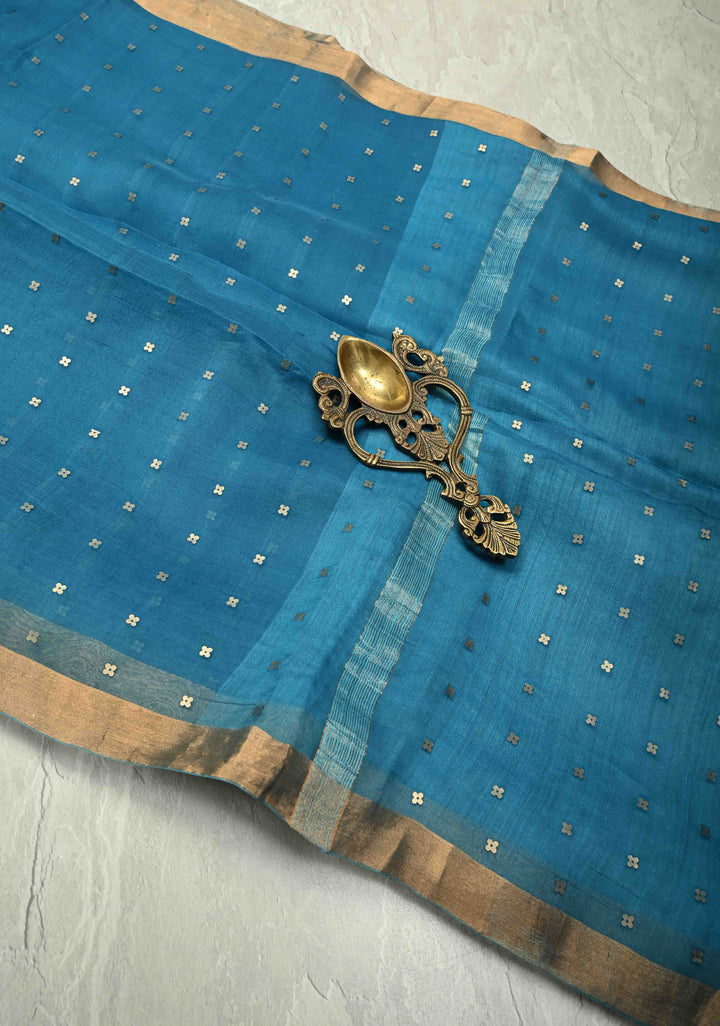 Dark Sky Matka Muslin Silk Saree with Pocket Sequins and Minimal Zari Border | SILK MARK CERTIFIED