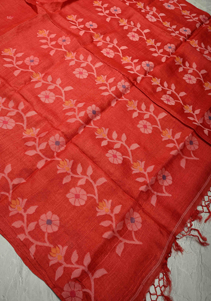 Red Meenakari Detailing on Tussar Silk Saree with Resham Buttas  | SILK MARK CERTIFIED