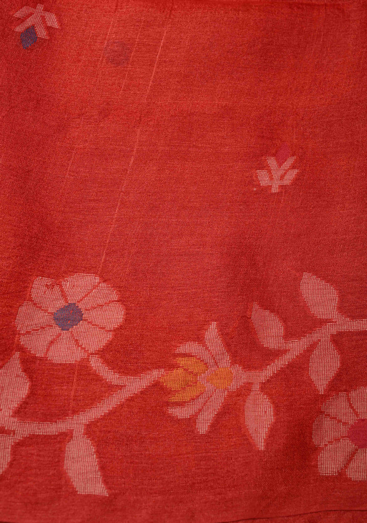 Red Meenakari Detailing on Tussar Silk Saree with Resham Buttas  | SILK MARK CERTIFIED