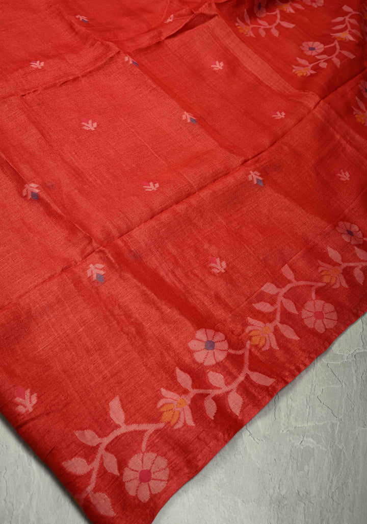 Red Meenakari Detailing on Tussar Silk Saree with Resham Buttas  | SILK MARK CERTIFIED