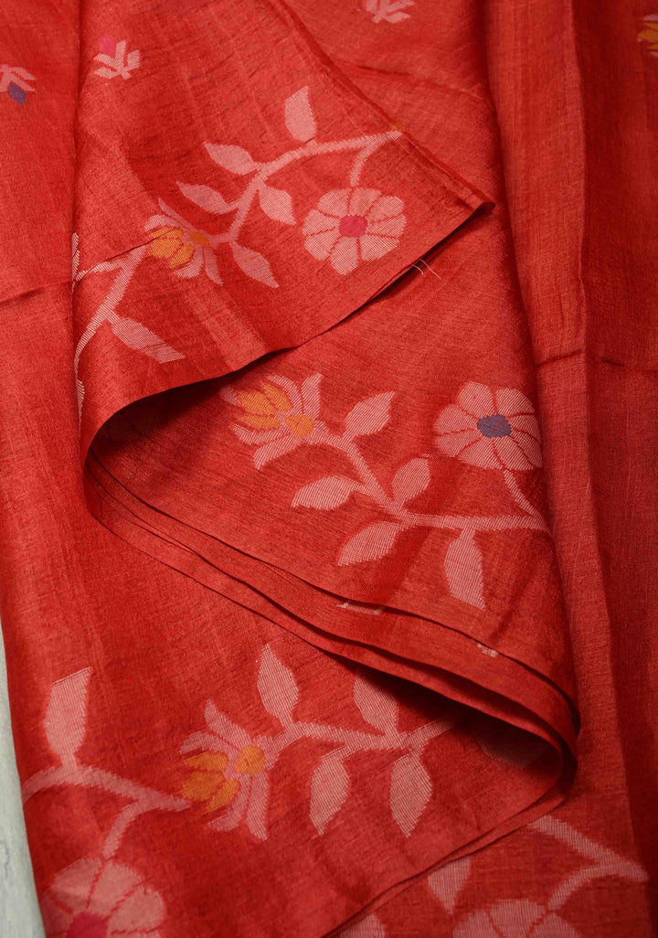 Red Meenakari Detailing on Tussar Silk Saree with Resham Buttas  | SILK MARK CERTIFIED