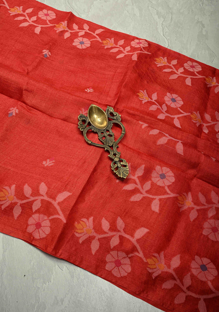 Red Meenakari Detailing on Tussar Silk Saree with Resham Buttas  | SILK MARK CERTIFIED