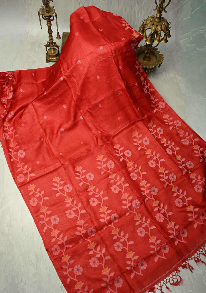 Red Meenakari Detailing on Tussar Silk Saree with Resham Buttas  | SILK MARK CERTIFIED