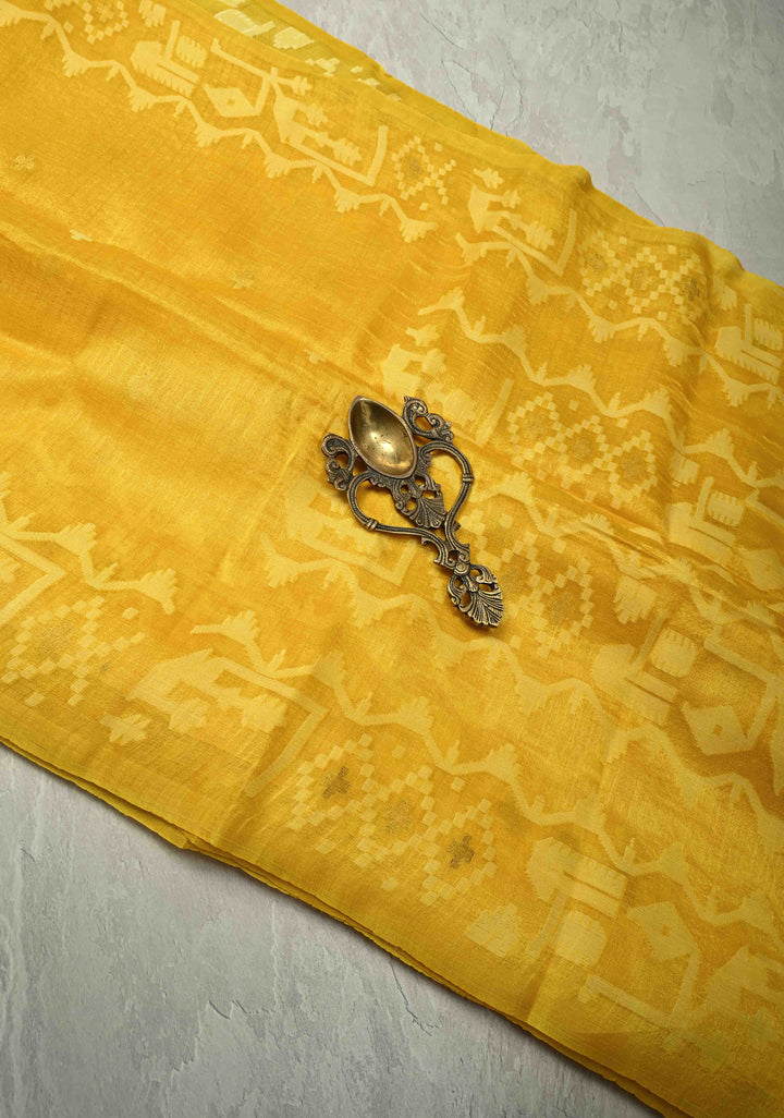 Sunflower Yellow Resham- Zari Detailing on Tussar Silk Saree  | SILK MARK CERTIFIED