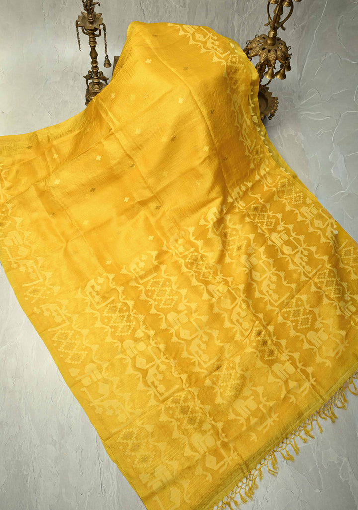 Sunflower Yellow Resham- Zari Detailing on Tussar Silk Saree  | SILK MARK CERTIFIED