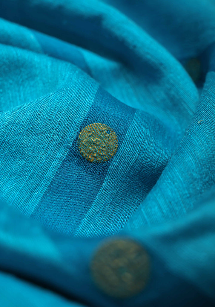 Turquoise Matka Muslin Silk with Coin Interweave  | SILK MARK CERTIFIED