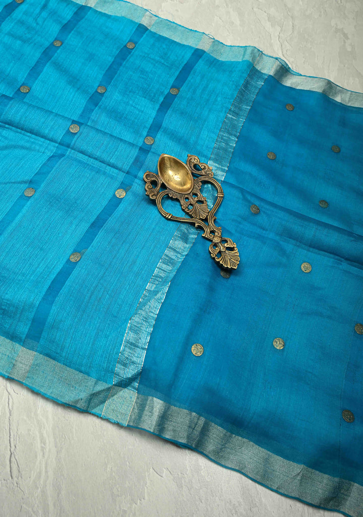 Turquoise Matka Muslin Silk with Coin Interweave  | SILK MARK CERTIFIED