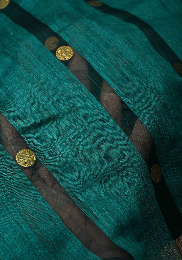 Peacock Blue Matka Muslin Silk with Coin Interweave  | SILK MARK CERTIFIED
