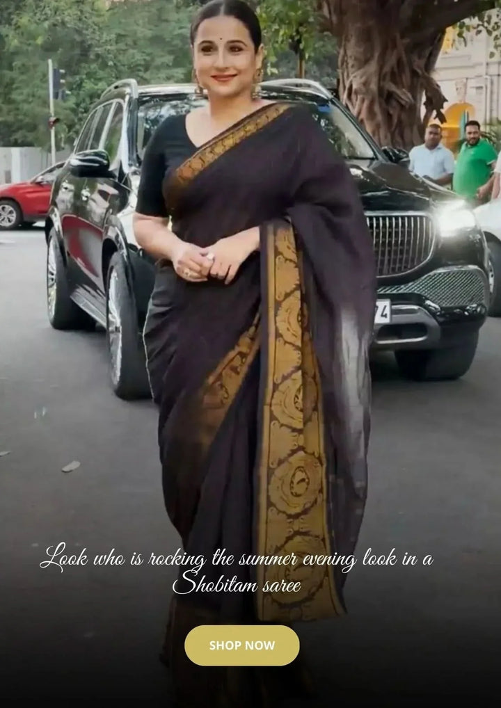 Vidya Balan Special - Black and Gold Madurai Cotton Saree with Zari Checks and Extra Wide Border