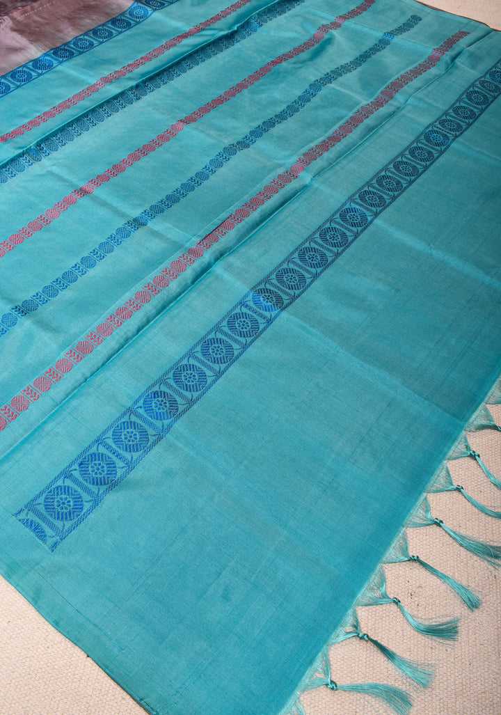 Vegan Silk Saree in Gray with Fancy Cyan Pallu – A Refined Fusion of Subtlety and Vibrance