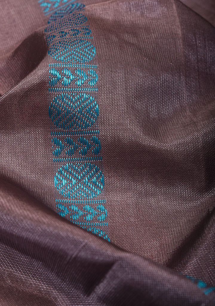 Vegan Silk Saree in Gray with Fancy Cyan Pallu – A Refined Fusion of Subtlety and Vibrance