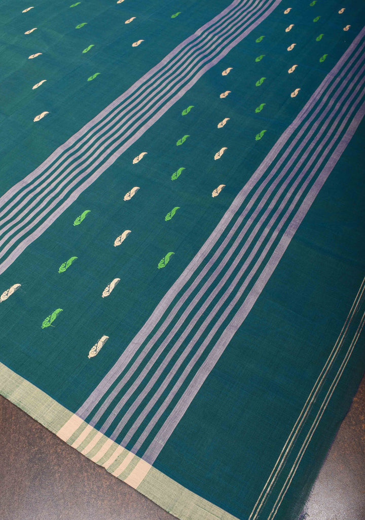Kenaf Cotton Vegan Handloom Saree in Teal with Meenakari Resham Buttas and Minimal Border (No Blouse Piece)