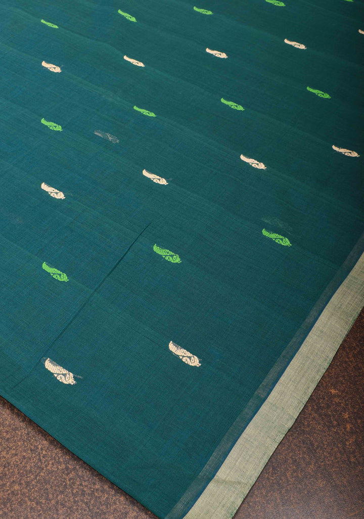 Kenaf Cotton Vegan Handloom Saree in Teal with Meenakari Resham Buttas and Minimal Border (No Blouse Piece)