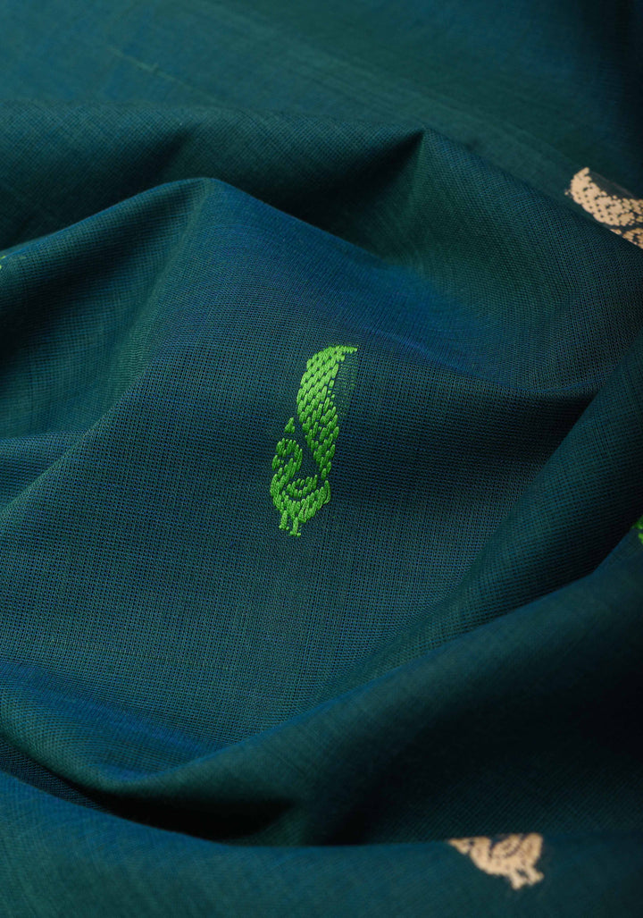 Kenaf Cotton Vegan Handloom Saree in Teal with Meenakari Resham Buttas and Minimal Border (No Blouse Piece)