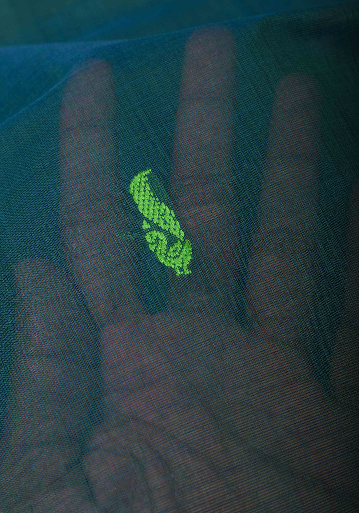 Kenaf Cotton Vegan Handloom Saree in Teal with Meenakari Resham Buttas and Minimal Border (No Blouse Piece)