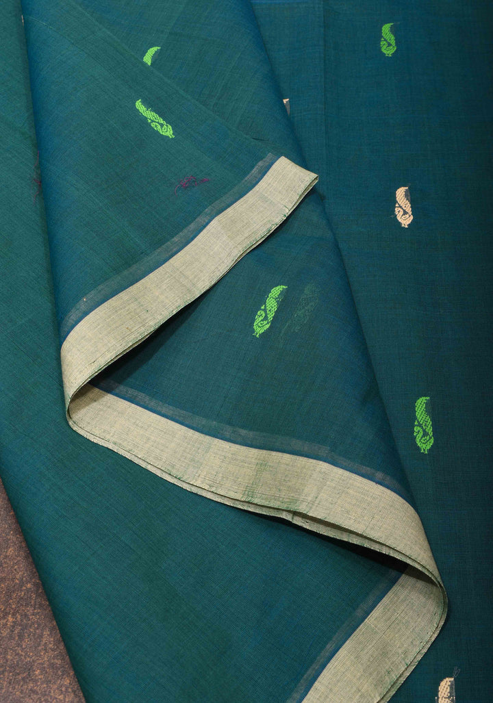 Kenaf Cotton Vegan Handloom Saree in Teal with Meenakari Resham Buttas and Minimal Border (No Blouse Piece)