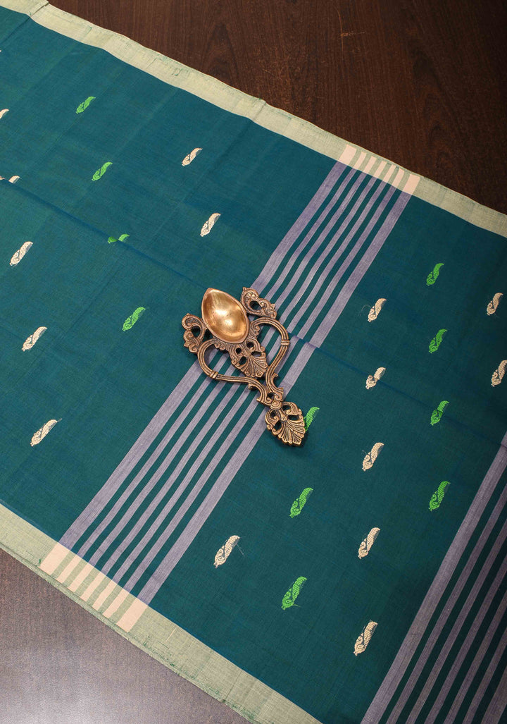 Kenaf Cotton Vegan Handloom Saree in Teal with Meenakari Resham Buttas and Minimal Border (No Blouse Piece)