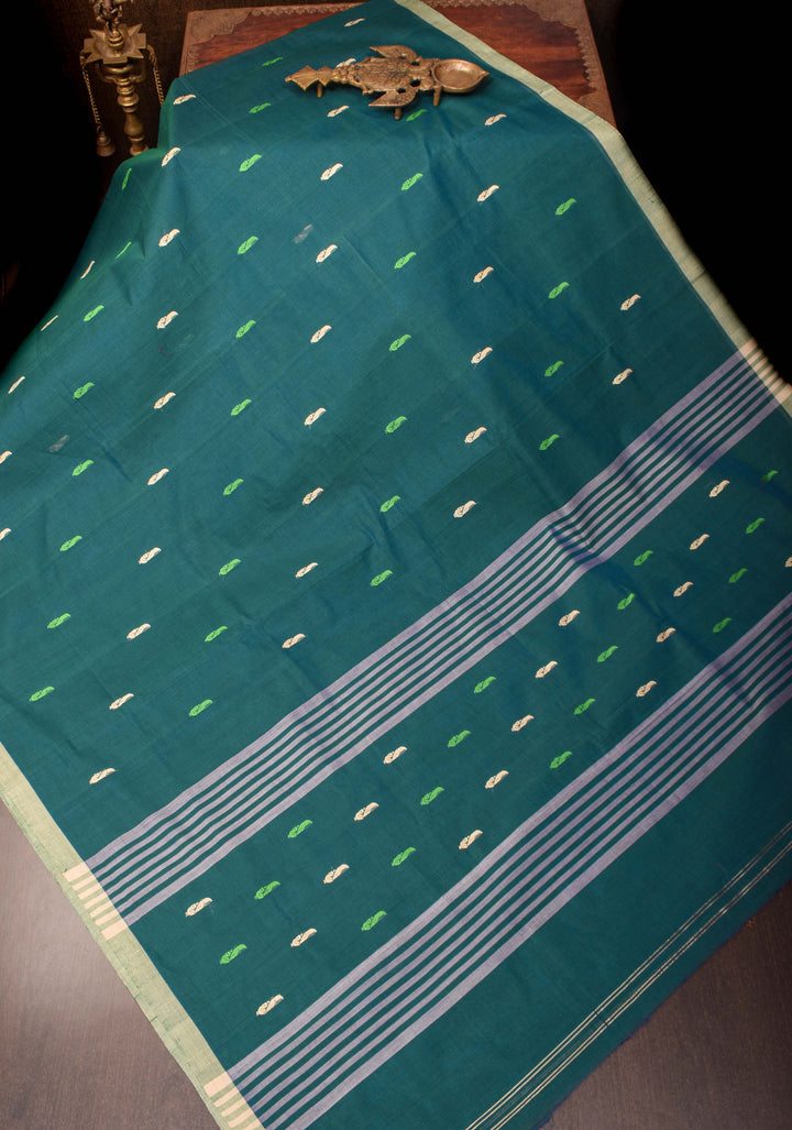 Kenaf Cotton Vegan Handloom Saree in Teal with Meenakari Resham Buttas and Minimal Border (No Blouse Piece)