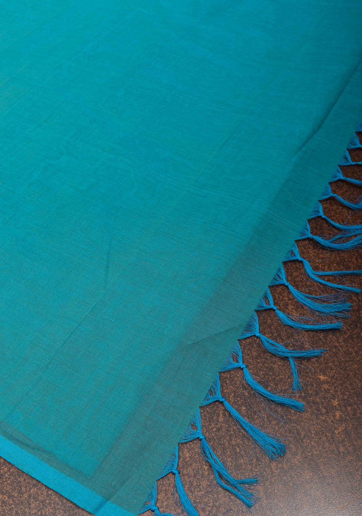 Kenaf Cotton Handloom Plain Saree with resham brocade blouse piece in Blue