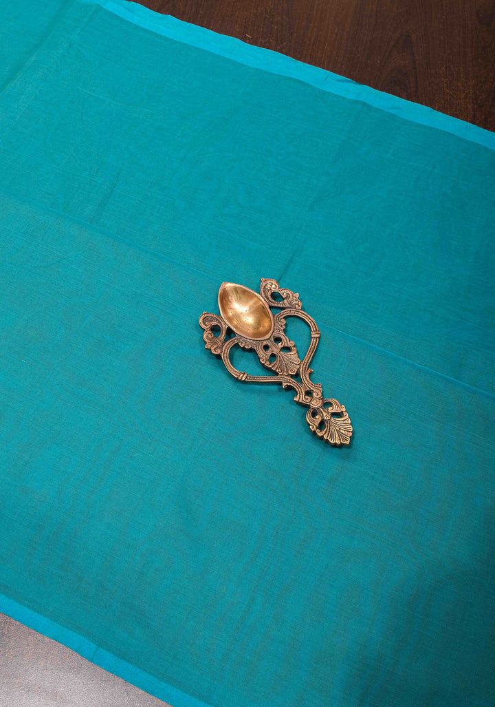 Kenaf Cotton Handloom Plain Saree with resham brocade blouse piece in Blue