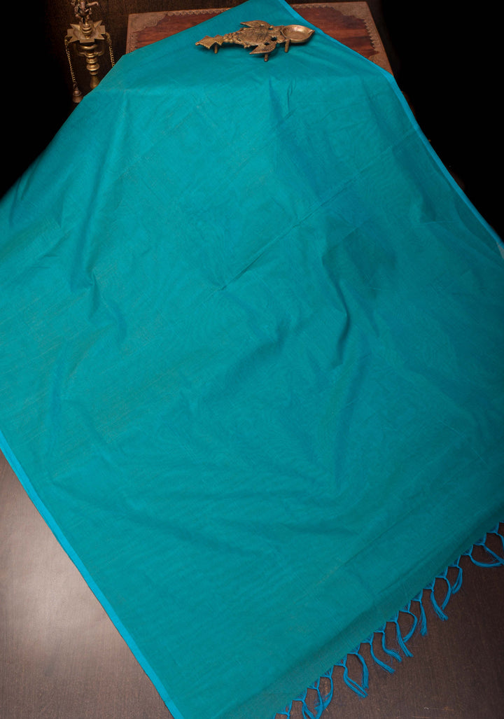 Kenaf Cotton Handloom Plain Saree with resham brocade blouse piece in Blue