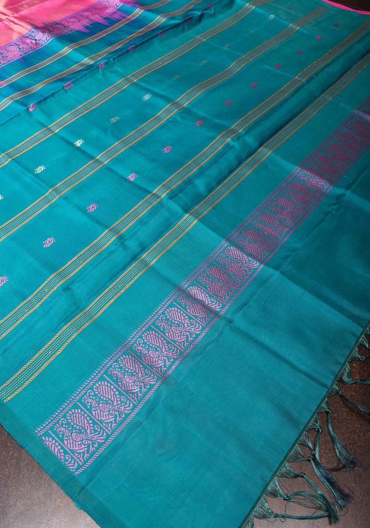 Vegan Silk Handloom Saree in Pink with Teal Contrast, No Blouse Piece