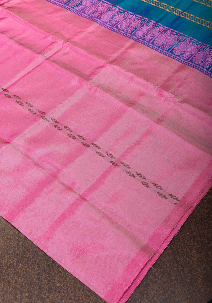 Vegan Silk Handloom Saree in Pink with Teal Contrast, No Blouse Piece