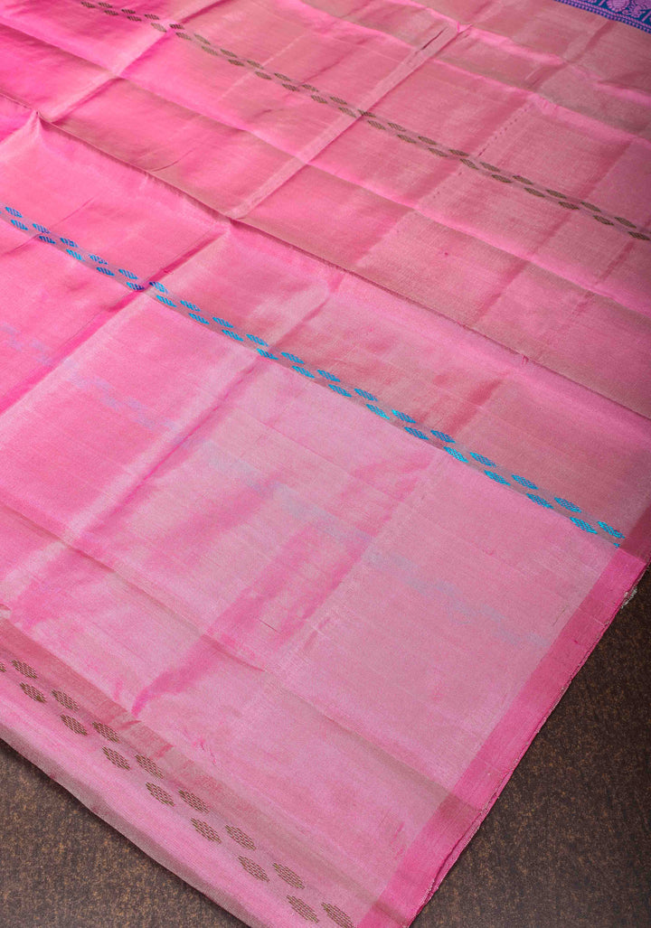 Vegan Silk Handloom Saree in Pink with Teal Contrast, No Blouse Piece