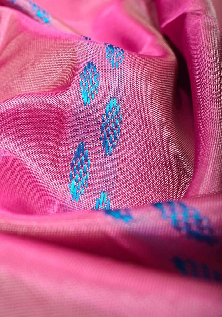 Vegan Silk Handloom Saree in Pink with Teal Contrast, No Blouse Piece