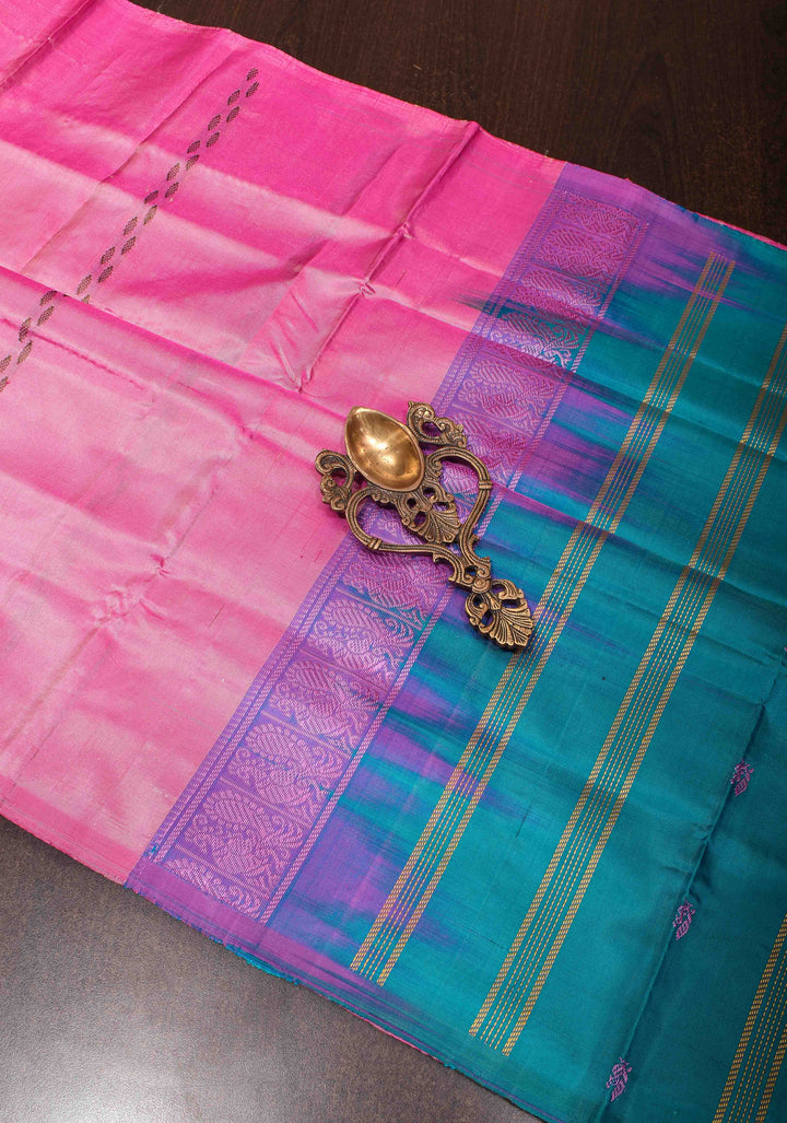 Vegan Silk Handloom Saree in Pink with Teal Contrast, No Blouse Piece