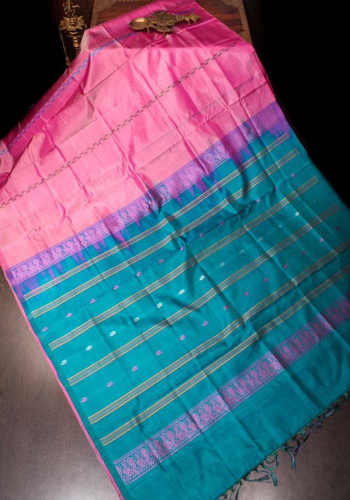 Vegan Silk Handloom Saree in Pink with Teal Contrast, No Blouse Piece