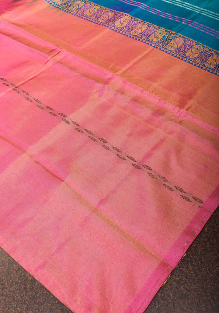 Vegan Silk Handloom Saree in Pink Dual Tone with blue Contrast, No Blouse piece