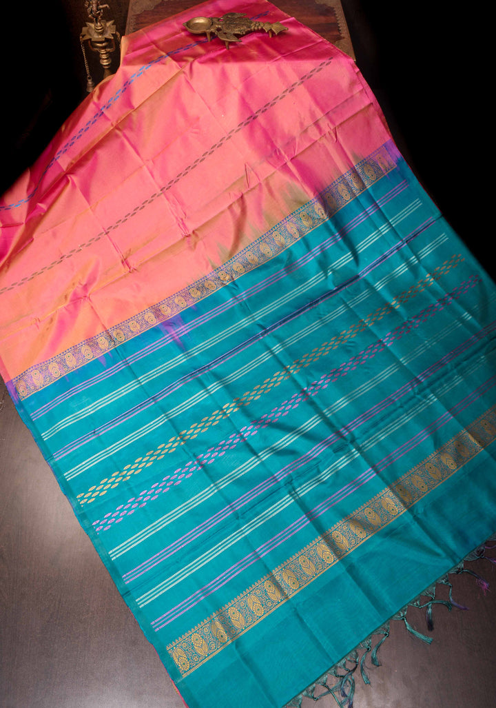 Vegan Silk Handloom Saree in Pink Dual Tone with blue Contrast, No Blouse piece