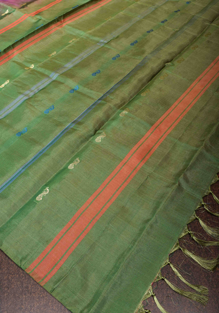 Vegan Silk Handloom Saree in Hot Pink with Green Contrast, No Blouse Piece