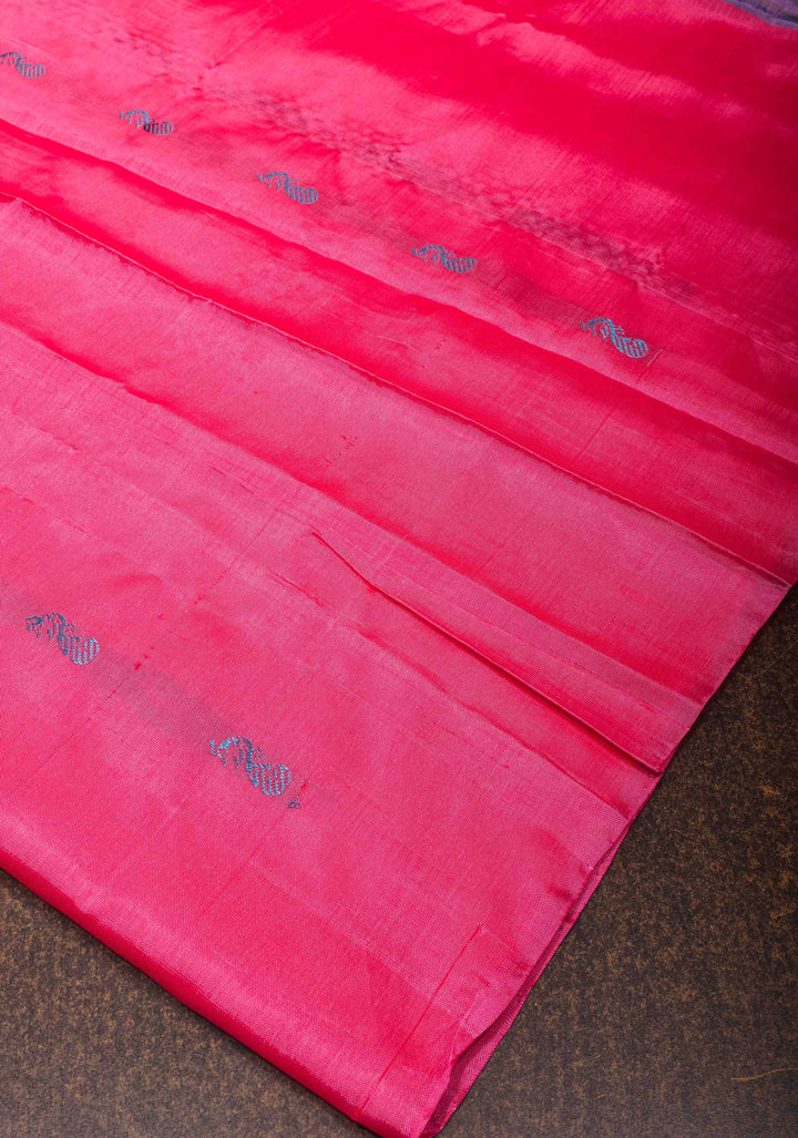 Vegan Silk Handloom Saree in Hot Pink with Green Contrast, No Blouse Piece