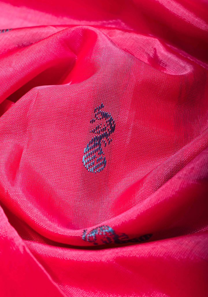Vegan Silk Handloom Saree in Hot Pink with Green Contrast, No Blouse Piece