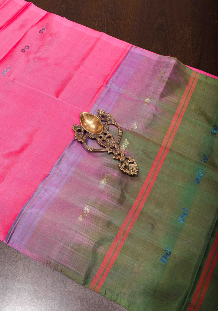 Vegan Silk Handloom Saree in Hot Pink with Green Contrast, No Blouse Piece