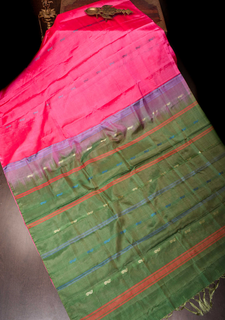 Vegan Silk Handloom Saree in Hot Pink with Green Contrast, No Blouse Piece