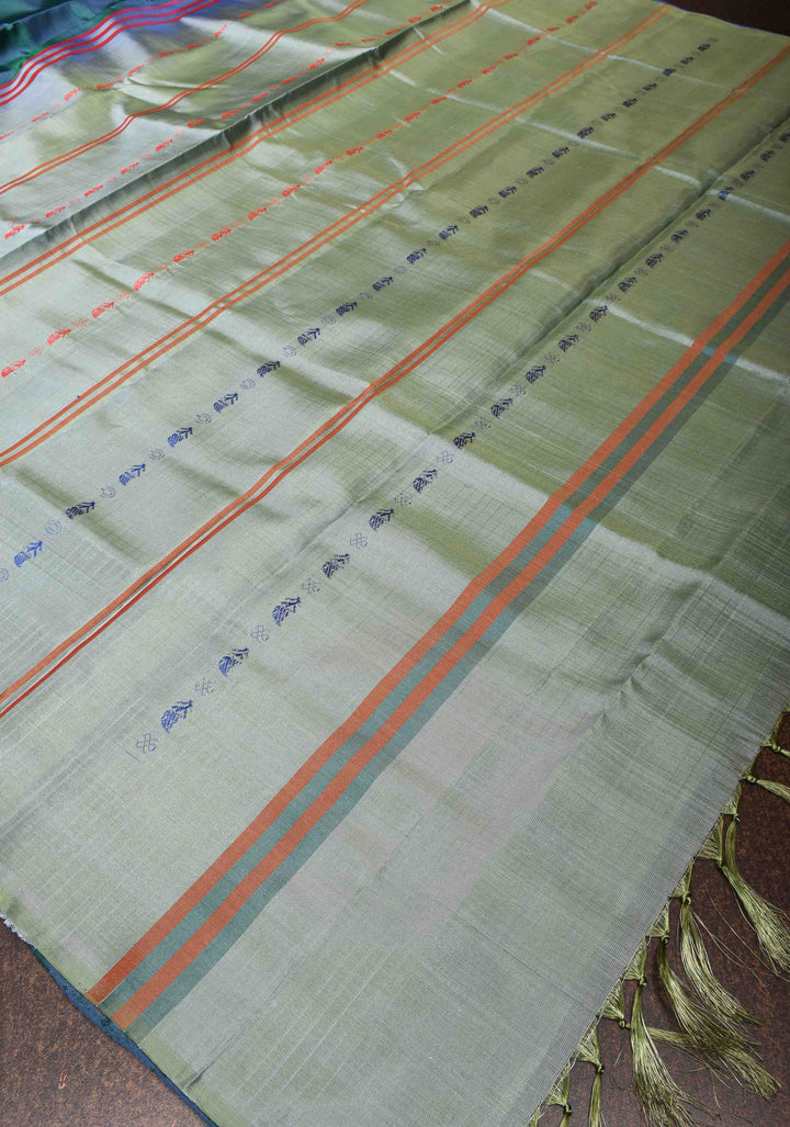 Vegan Silk Handloom Saree in Teal with Resham Stripes , No Blouse piece